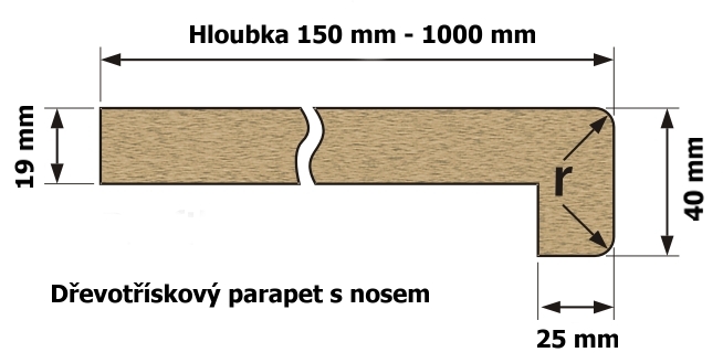 Vnitřní parapet dřevotříska s nosem  1000 mm